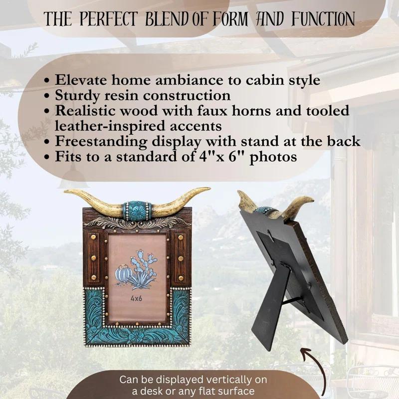 Union Rustic Rustic Southwestern Picture Frame with Tooled Leather and Faux Horns Accents