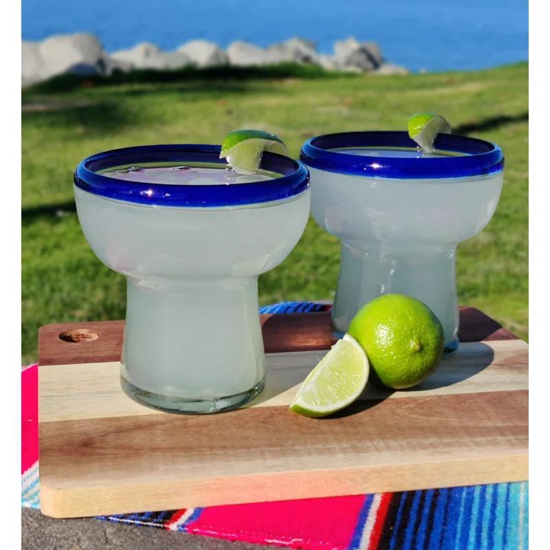 Longshore Tides Mexican Hand Blown Glass - Hand Blown Stemless Blue Rim Margarita Glasses (14oz) & Reviews | Wayfair