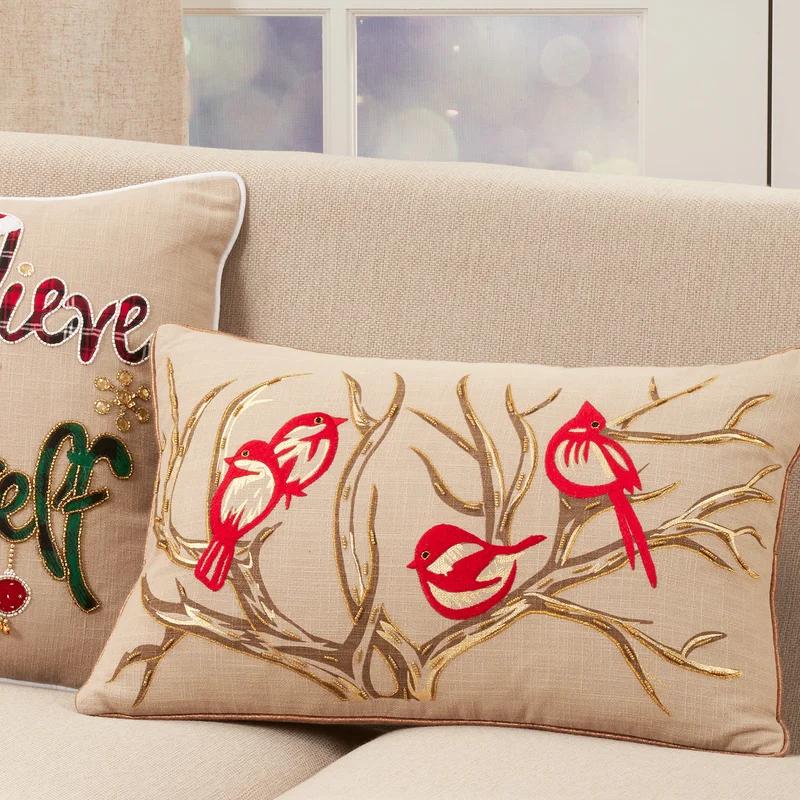 Natural Embroidered Bird and Branch Cotton Throw Pillow