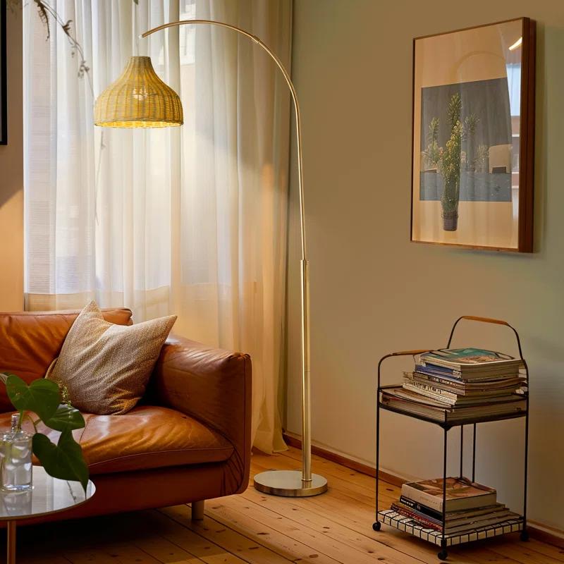 Brightech Lark 75 in. Weighted Base LED Arched Standing Floor Lamp with Boho Rattan Shade