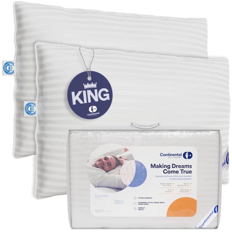 Continental Mfg. Co. Superior Down 700 Fill Power Hungarian White Goose Down Pillow, 2 Pack (Set of 2)