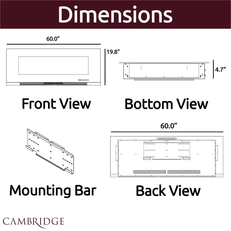 Cambridge Cambridge Wall Mount Electric Fireplace Heater with Remote Control for Indoor Use in Living Room, Bedroom, Home Office