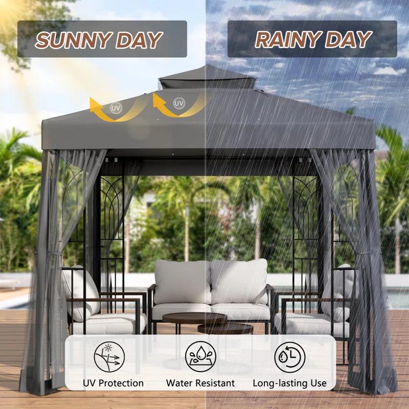 COOS BAY 8 Ft. W x 8 Ft. D Steel Frame Vented Soft Top Patio Gazebo with Mesh Netting, Corner Shelves