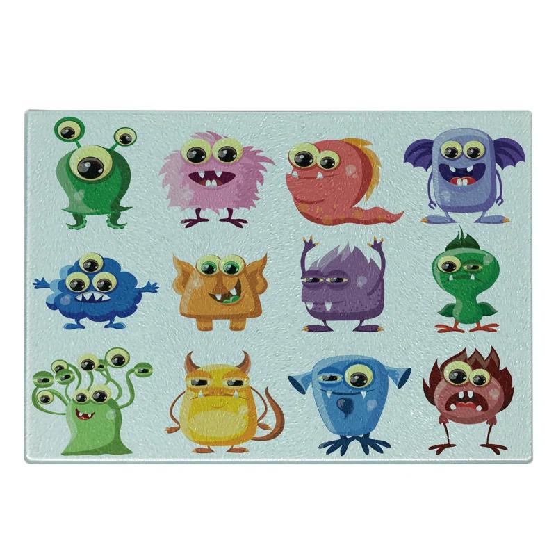 Ambesonne Funny Tempered Glass Cutting Board Cartoon Aliens Monsters Multicolor