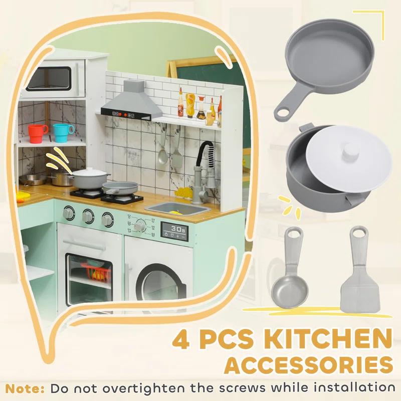 Play Kitchen, Corner Kids Kitchen Playset with Chalkboard, Range Hood, Ice Maker, Stove, Refrigerator Microwave, Realistic Sound & Lights, Pots, Gift for Toddlers Ages 3+ Years Old