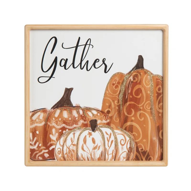 August Grove® Wood 15.75 in. Multicolor Autumn Pumpkin with Leaves Gather Wall Decor