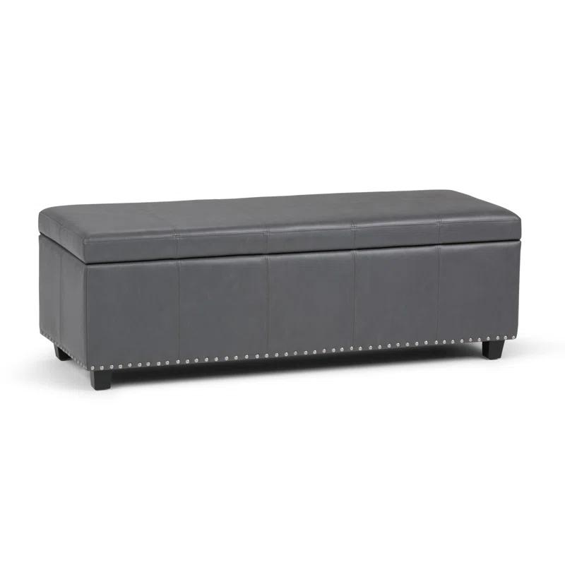 Simpli Home Kingsley 48"W Upholstered Storage Ottoman with Lift-Top Lid, Nailhead Trim, and Stitching Detail