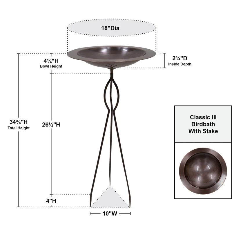 18" Classic Copper Birdbath with Tripod Stake