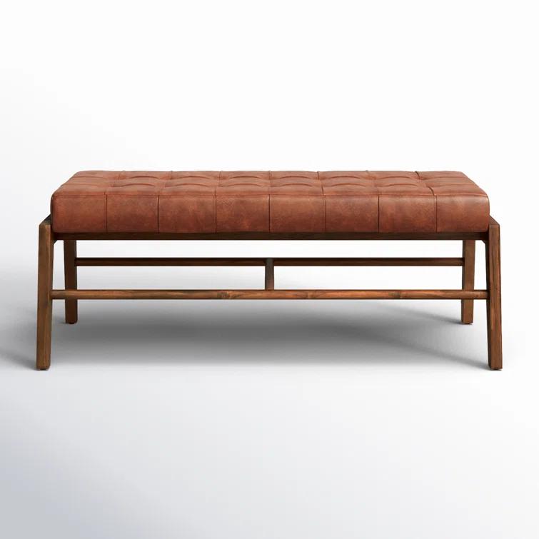 Dennis 49" Wide Teak and Full Grain Leather Bench, Brown