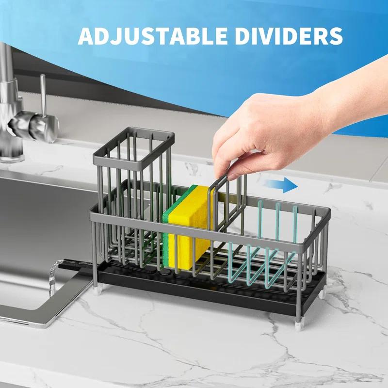 WKING Stainless Steel Kitchen Sink Caddy Organizer With Draining Tray, Rustproof Sponge Holder For Sink, Adjustable Compartments, Space-Saving Design