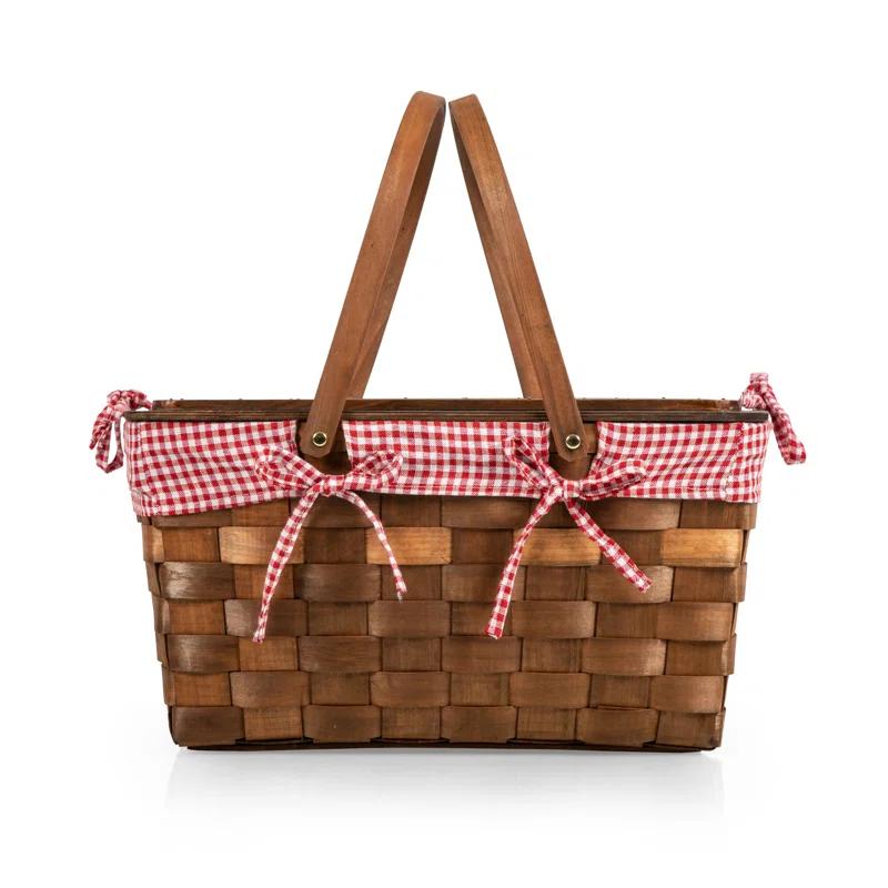 Picnic Time Kansas Handwoven Wood Picnic Basket - Large Basket with Tabletop Lid