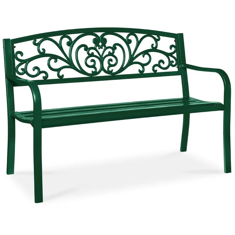 World Menagerie Outdoor Steel Bench with Floral Backrest & Slatted Seat, Marigold for Garden, Patio, Porch, Lawn, and Deck