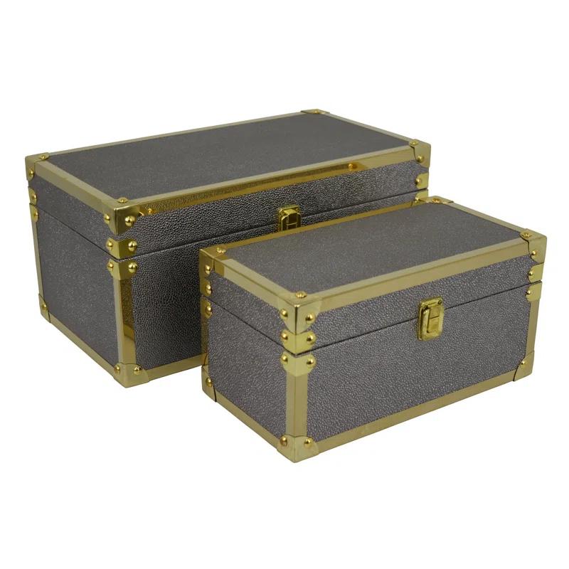 Benjara Mecca Storage Box Set of 2, Rivet Accents, Metal Trim, Wood
