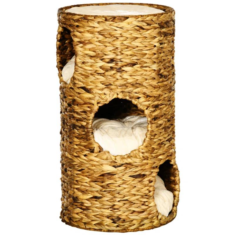 Ophelia & Co. Elevated Cat Bed With Three Hideaways & Four Soft Plush Cushions, Cat Tower With Hand-Woven Materials, Multi-Layer Raised Kitten Bed Caves