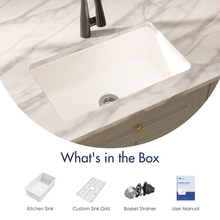 Eridanus Oslo 30" x 18" White Single Bowl Fireclay Undermount Kitchen Sink with Basket Strainer and Bottom Grid ERI-DS-164