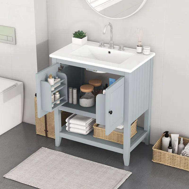 Wondrous Iconic 30" Modern Sleek Bathroom Vanity Elegant Ceramic Sink With Solid Wood Frame Open Style Shelf & Door Shelf Design