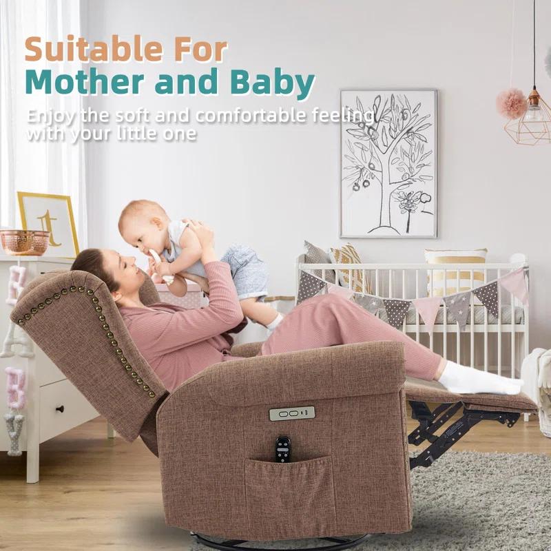 MEETWARM Meetwarm Power Swivel Rocking Glider Recliner Chair With Heat And Vibration, Electric Rocker Nursery Reclining Chair, Wingback Tufted Upholstered Recliner For Living Room, Type-C & Usb Ports