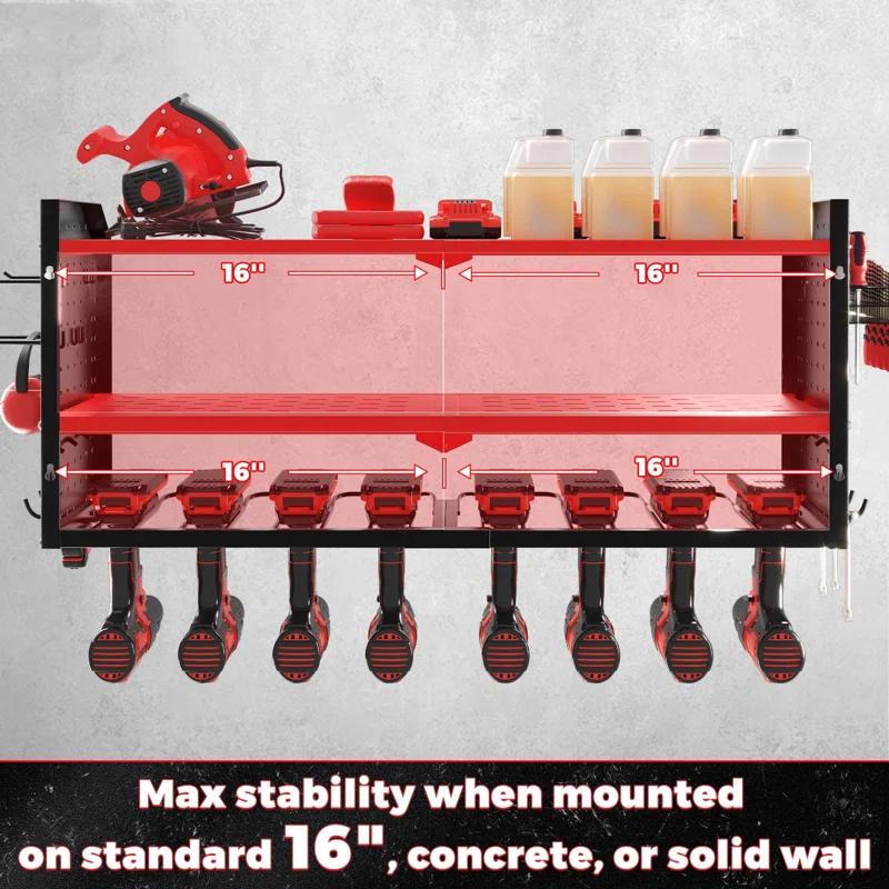 UNIVERSAL WINDOW SOLUTIONS Power Tool Organizer With Charging Station, Built In 8 Outlet Power Strip, Large 8 Drill Holder Wall Mount, Heavy Duty Metal Power Tool Storage Rack Tool Shelf For Garage Organization