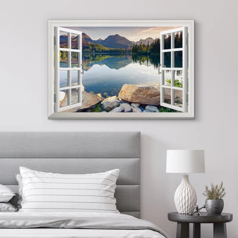 IDEA4WALL Window Scenery Green Peaceful Lake Natural Landscape Photography Pictures Canvas Print Wall Art