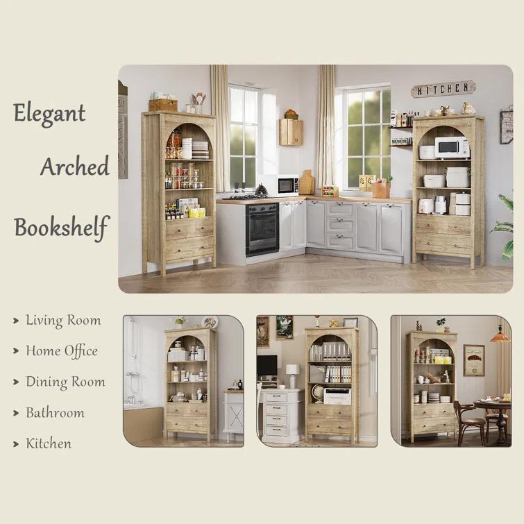 Gracie Oaks Arched Bookcase, Oak Arched Cabinet With Drawers, 71" Tall China Curio Cabinet, Display Cases For Collectibles, Vintage Bookshelf