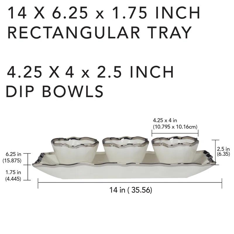 White and Silver Ceramic Serving Tray with Condiment Bowls