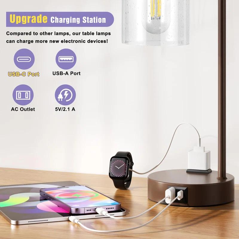 Latitude Run® Industrial Touch Table Lamps for Bedrooms Set of 2 - 3-Way Dimmable Nightstand Lamps with USB C+A Ports and Outlet, Bedside Lamps with Glass Shade for Living Room, Desk Lamps for Home Office