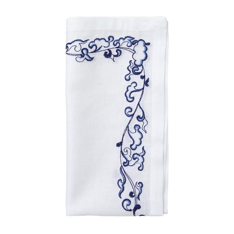 White and Navy Embroidered Linen Napkin Set