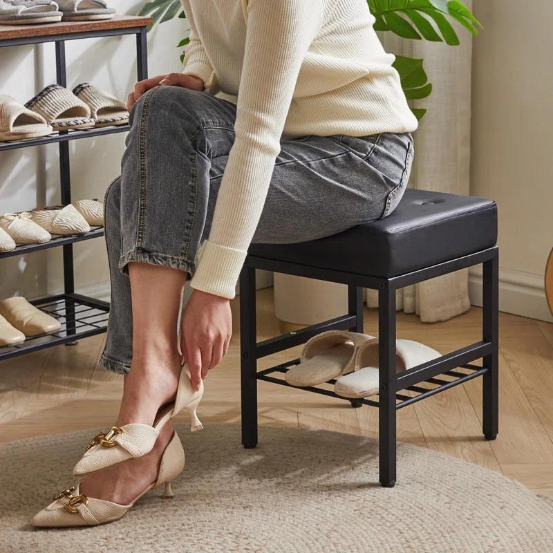 Everly Quinn Square Makeup Stool With Adjustable Feet And Storage Space, Footrest Stool, PU Seat Vanity Stool, Multi-Use As Small Side Table Or Ottoman, Black