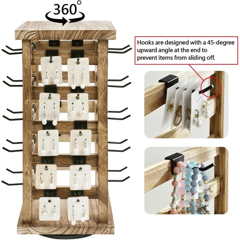 Latitude Run® Design Exquisite Rotating Jewelry Tower- Natural Wood Finish- Showcase And Organize Your Collection With 42 Hooks- Easy Earring Display Stand- 5 Bars On Each Face For Maximum Storage -Oak Color
