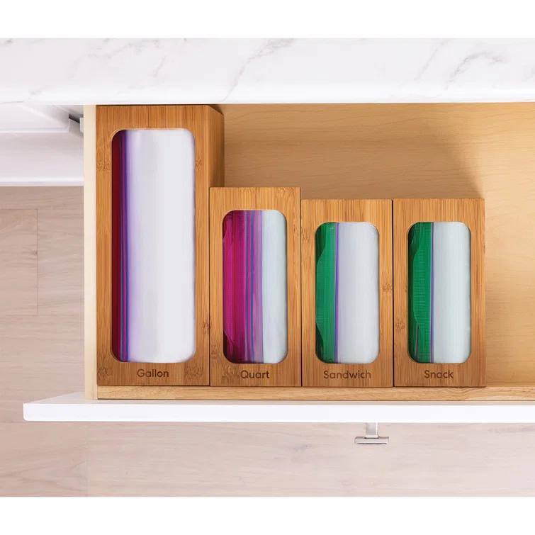 Seville Classics Bamboo Ziplock Food Storage Bag Dispenser (Set of 4)