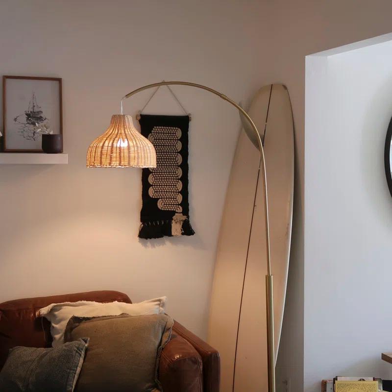 Brightech Lark 75 in. Weighted Base LED Arched Standing Floor Lamp with Boho Rattan Shade