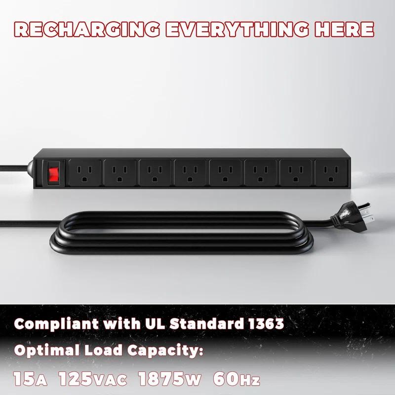 UNIVERSAL WINDOW SOLUTIONS Power Tool Organizer With Charging Station, Built In 8 Outlet Power Strip, Large 8 Drill Holder Wall Mount, Heavy Duty Metal Power Tool Storage Rack Tool Shelf For Garage Organization