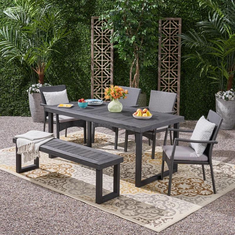 Williston Forge Rhinehart 6 - Person Acacia Wicker Patio Dining Set with Rectangular Table , Cushions Included