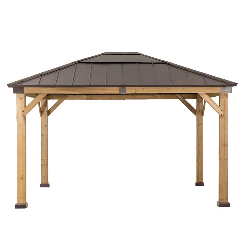 Sunjoy Sunjoy Hardtop Gazebo 11 x 13 ft. Upgrade Cedar Framed Wood Gazebos with Brown Steel and Polycarbonate Hip Roof Hardtop for Garden, Backyard Shade,