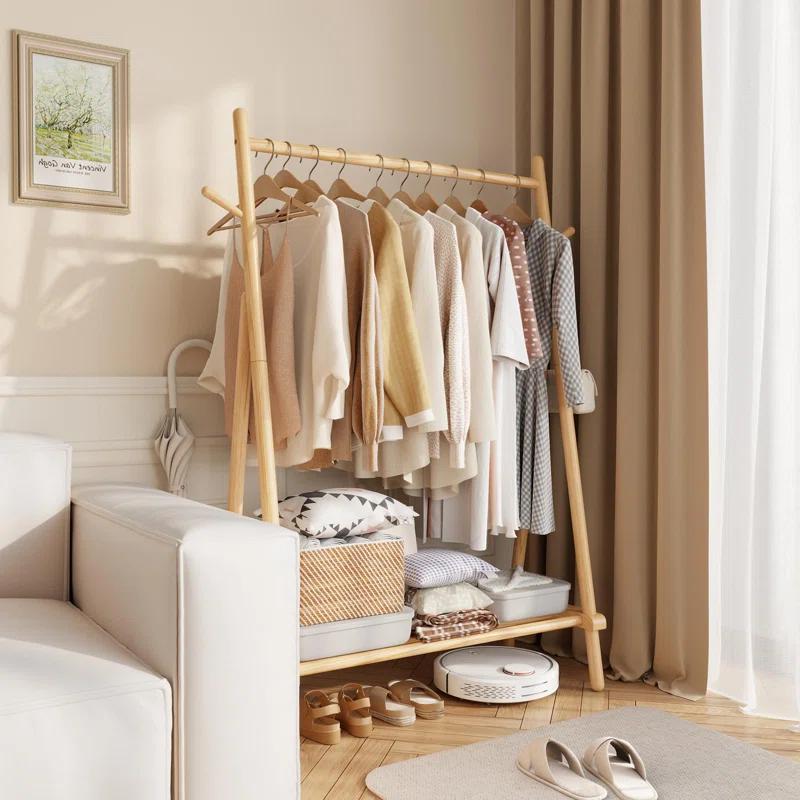 Rebrilliant Solid Wood Clothes Rack, Clothing Rack With Shelf And Hook, Sturdy And Portable, Garment Rack For Hanging Clothes,Coats,Skirts,Shoes,Bags,Easy To Assemble (Natural)