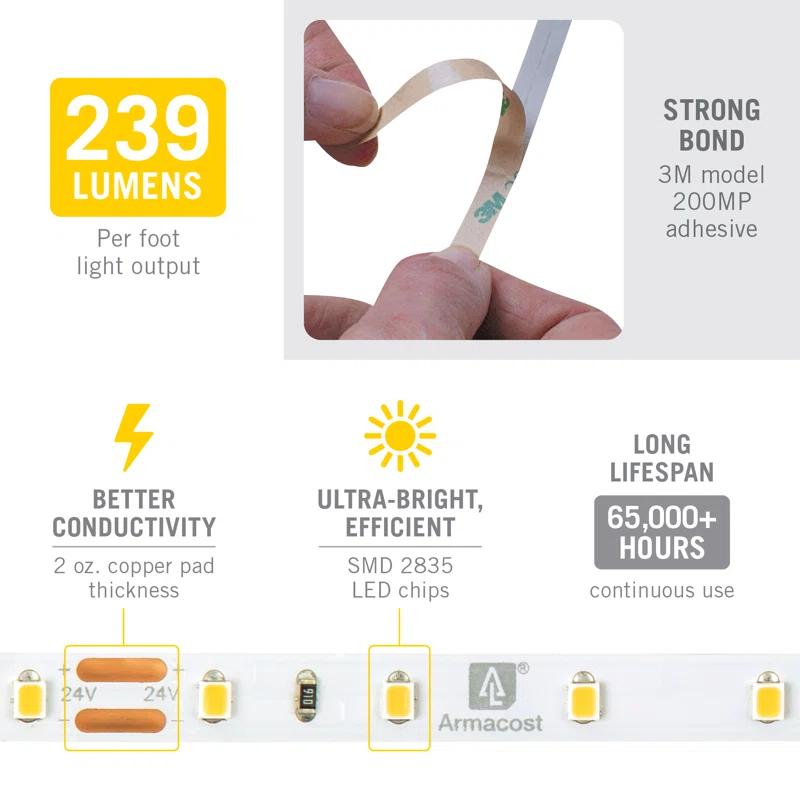 Armacost Lighting 144210 RibbonFlex Pro, 24V, 3000K, 30LEDs/M, IP20, 2.5M Under Cabinet Strip Light