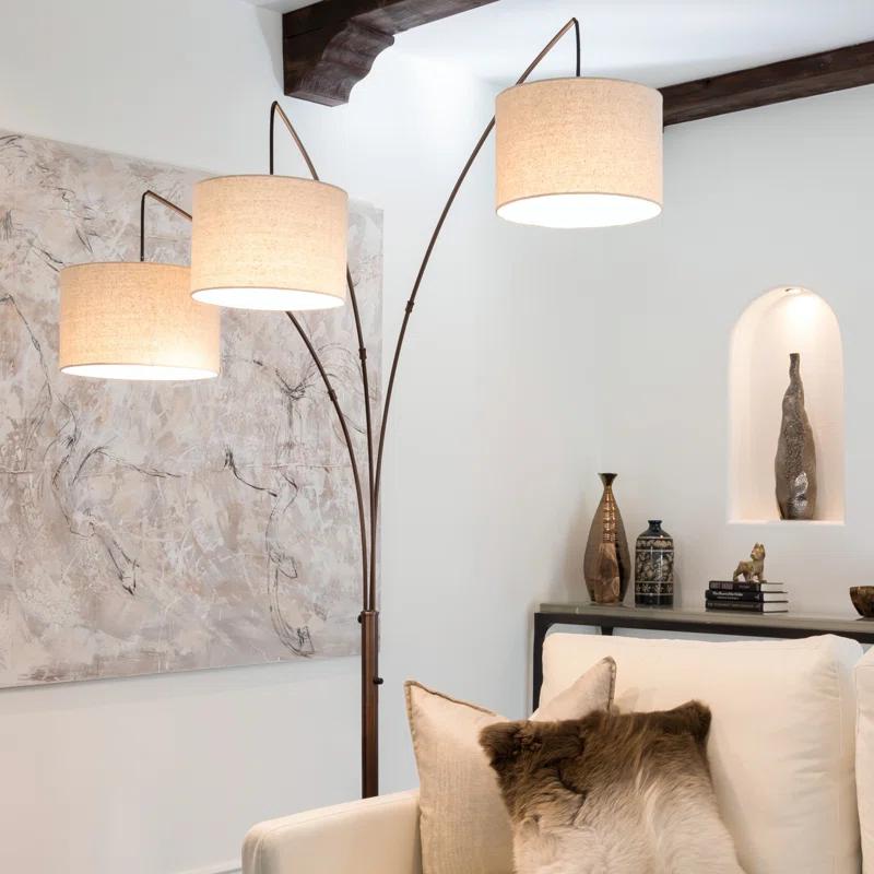 Brightech Trilage 84 in. Mid-Century Modern 3-Light Adjustable LED Arched Standing Floor Lamp with 3 Fabric Drum Shades