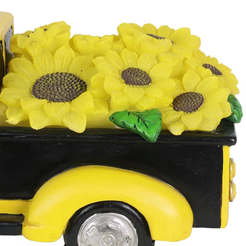 Exhart Exhart Solar Hand Painted Beekeeper Gnome in a Sunflower Truck Garden Statue, 11 by 5 Inches