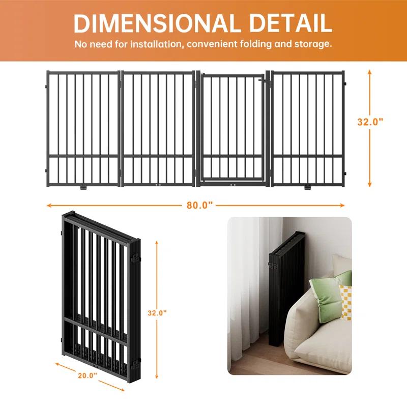 Full Matel Freestanding Dog Gate With Door, 32 Inch Height Foldable Pet Dog Fence Extra Wide Free Standing Small Dog Gates For Doorways,House,Stairs,Porch,Deck,Yard