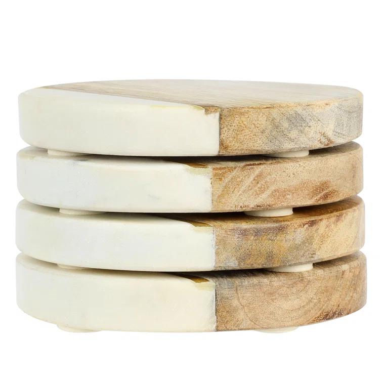 Laurie Gates Laurie Gates White Marble And Mango Wood Round 4 Piece Coaster Set (Set of 4)