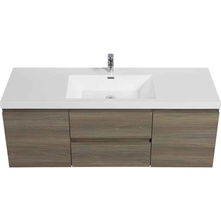 60" Floating Bathroom Vanity Modern Wall-Mounted Storage Vanity with Resin Top Basin, 2 Cabinets and 2 Soft Close Drawers