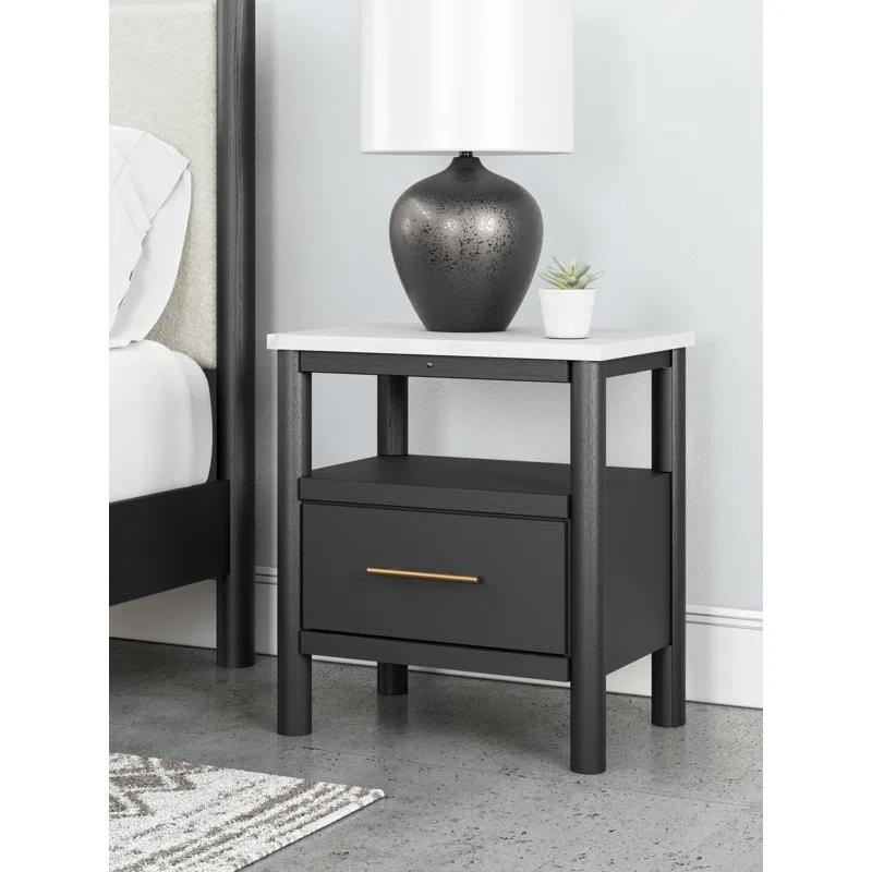 Black and White Marble Top Nightstand with Drawer