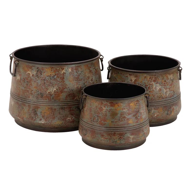 Gracie Oaks Cowden 3 Piece Metal Distressed Bucket Style Indoor Outdoor Bronze Planter with Side Ring Handles Set