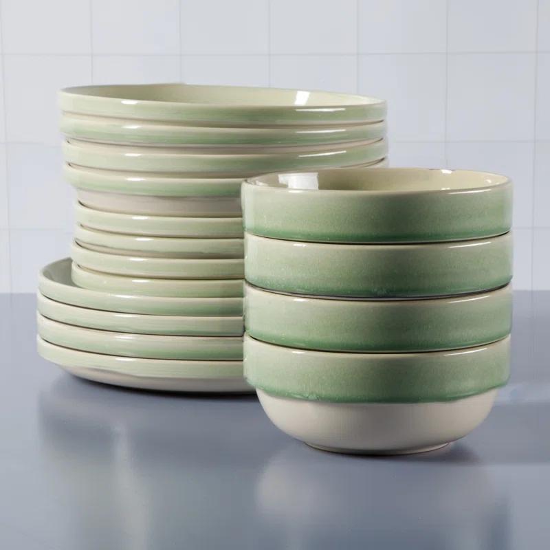 Green Ceramic 16-Piece Glossy Dinnerware Set