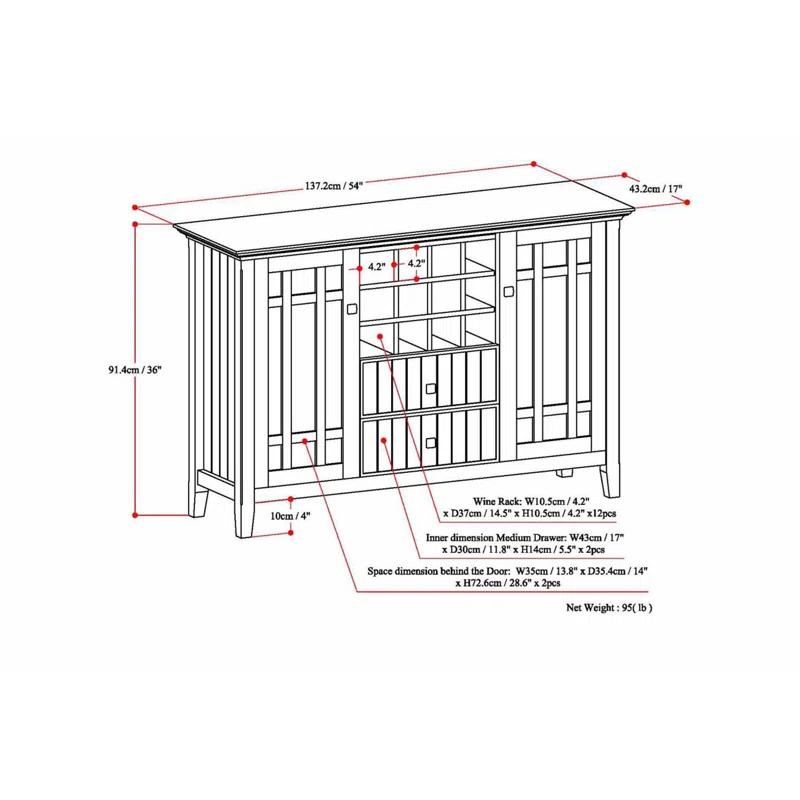 Simpli Home Bedford 54"W Solid Wood Sideboard Buffet and Wine Rack, 2 Drawers, and 2 Cabinets