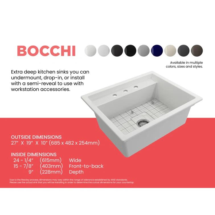BOCCHI Baveno 27'' L Dual Mount Single Bowl Fireclay Kitchen Sink 1633-002-0127