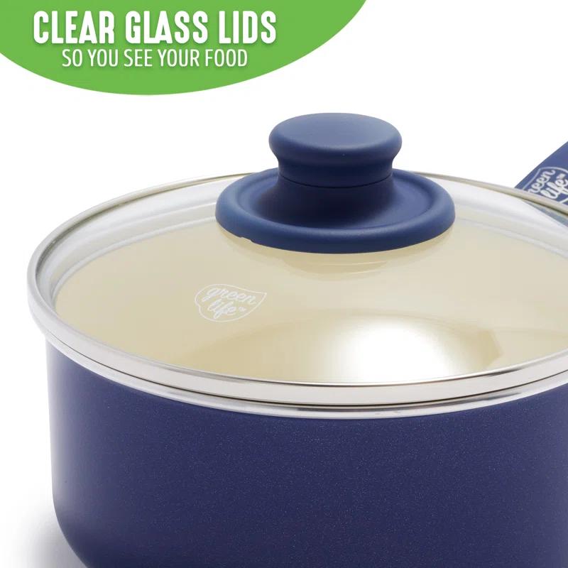 GreenLife GreenLife Soft Grip Healthy Ceramic Nonstick, 1QT And 2QT Saucepan Pot Set With Lids, Dishwasher Safe