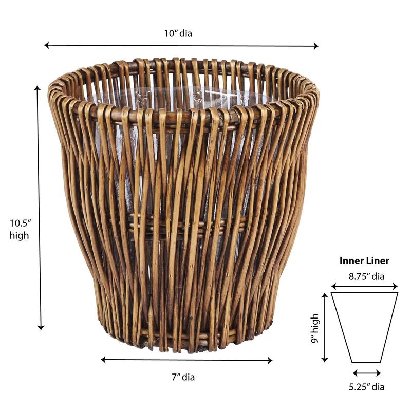 Small Brown Handwoven Willow Waste Basket with Removable Liner