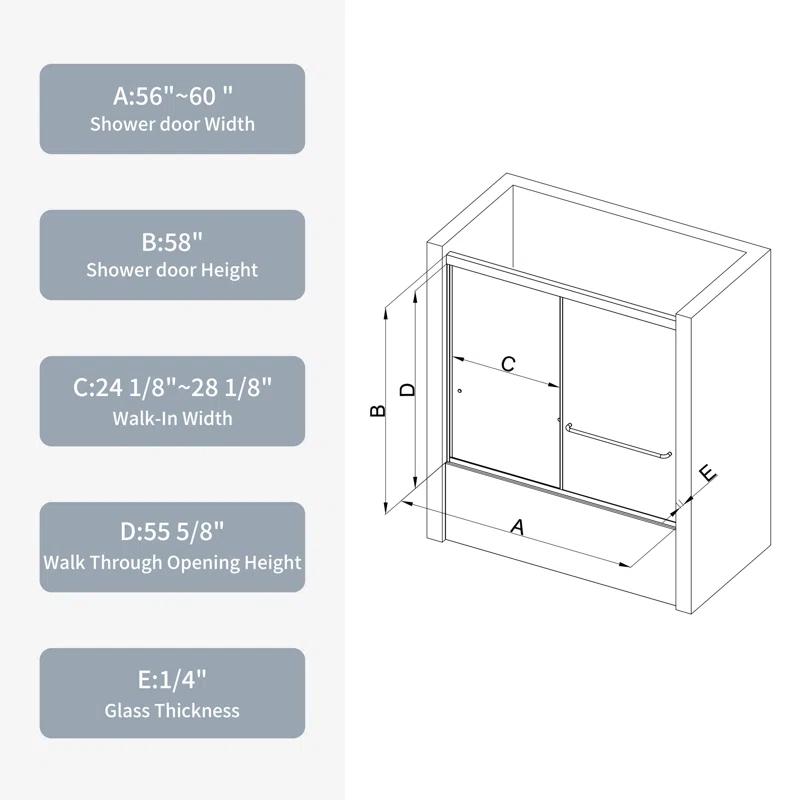 Bathtub Bypass Shower Door, Sliding Door, With 1/4" Tempered Glass