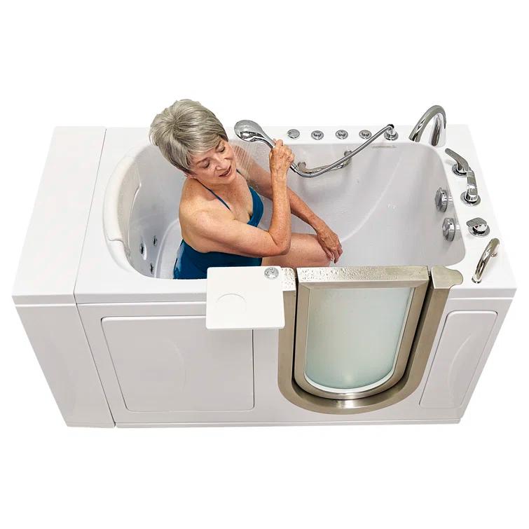 Ella Walk In Baths Ella Royal 32"x52" Acrylic Air and Hydro Massage Walk-In Bathtub with Right Inward Swing Door, 5 Piece Fast Fill Faucet, 2" Dual Drain, Carrara Wall Surround 931185PCWS